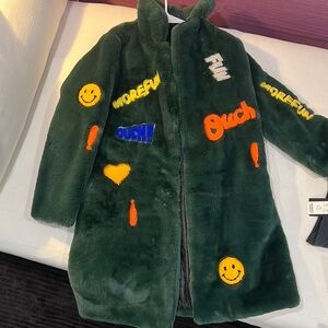 Green faux fur mid length coat